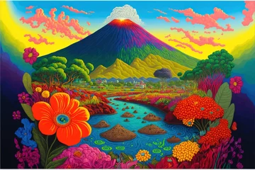 Fotobehang Wide view of a majestic volcano next to a stream, magical illustration made with Generative AI © Santasombra