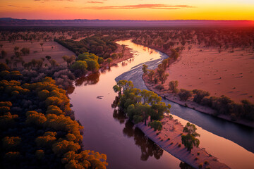 overhead drone shot of the Murrumbidgee River at sunset near Wagga Wagga. Generative AI