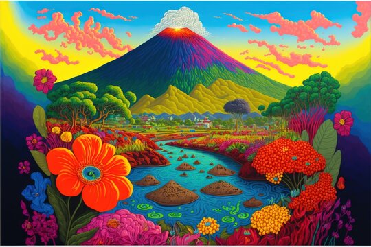 Wide view of a majestic volcano next to a stream, magical illustration made with Generative AI
