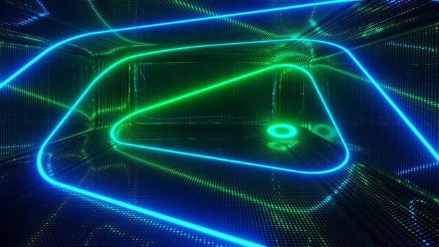 Vj loop neon room. Mirror room with neon light. Abstract festive bg with bright reflection. Dark room disco lights. Seamless looped bg with neon light. Night club bright neon style bg. Moving light