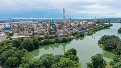 View from a drone of an oil refinery on the banks of the Magdalena river in the city of...