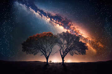 Fototapeta na wymiar Milky way backdrop trees in a nighttime scene. Generative AI