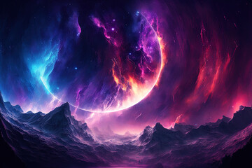 the northern lights Night star fall, violet starry reflection, planet flares, and nebulas in the universe. Generative AI