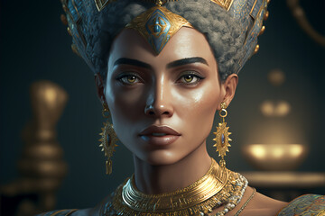Imaginary portrait of Nefertiti, standing in a temple at night. Egyptian queen Nefertiti, Generative AI illustration, non-existent person. - obrazy, fototapety, plakaty