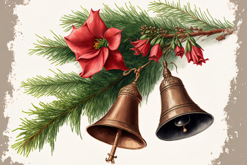 a spruce branch, two Christmas bells, and a crimson flower. Generative AI