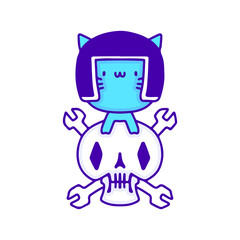 Cute little cat rider with skull doodle art, illustration for t-shirt, sticker, or apparel merchandise. With modern pop and kawaii style.