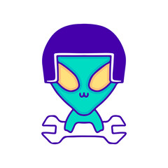 Cool baby alien wearing helmet and holding wrench doodle art, illustration for t-shirt, sticker, or apparel merchandise. With modern pop and kawaii style.