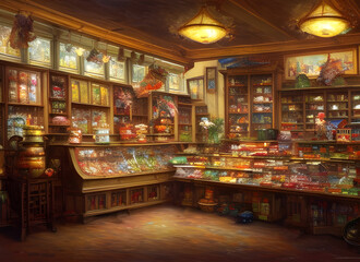 The interior of an old fashioned confectionary shop with jars of sweets and confectionaries on a counter and on shelves. generative ai illustration.