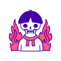 Flaming skull with funny haircut doodle art, illustration for t-shirt, sticker, or apparel merchandise. With modern pop and kawaii style.