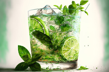 Cooling mojito with ice, fresh mint, and lime for the summer. Generative AI © 2ragon