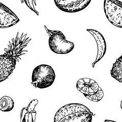 Tropical fruits vector seamless pattern. Hand drawn pineapple, watermelon, pomegranate, banana, mango, grapes, citrus, kiwi. Abstract outline ornament in retro style.