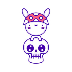 Fototapeta na wymiar Sweet baby bunny with mushroom hat and skull doodle art, illustration for t-shirt, sticker, or apparel merchandise. With modern pop and kawaii style.