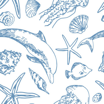 Underwater sea life vector seamless pattern. Exotic fish, dolphin, starfish, shells, jellyfish outline drawings. Abstract ornament of tropical ocean animals.