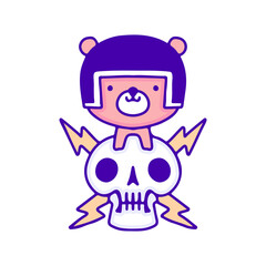 Cool baby bear wearing helmet with lightning skull doodle art, illustration for t-shirt, sticker, or apparel merchandise. With modern pop and kawaii style.