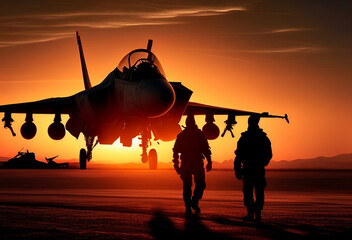 Silhouette of military aircraft and several pilots
