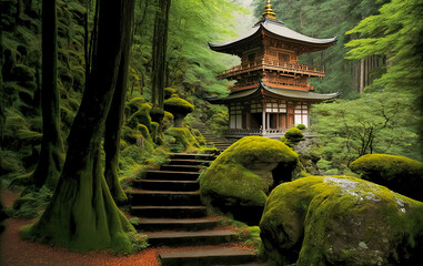 Mystical forest landscape with traditional japanese pagoda. Zen landscape. Japanese temple in the forest. digital art