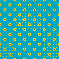 Sunflowers seamles background texture. Multiple sunflowers on a pastel blue background.