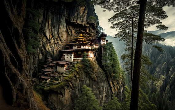Taktshang Goemba Temple, Tiger nest monastery, Paro, Bhutan. digital art
