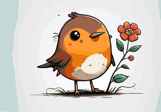 Rotkehlchen European Robin Vektor Cute Happy Bird Sketch Comic Cartoon Birdie Singvogel Gefiedert Freunde Kinderbuch Illustration Gartenvogel