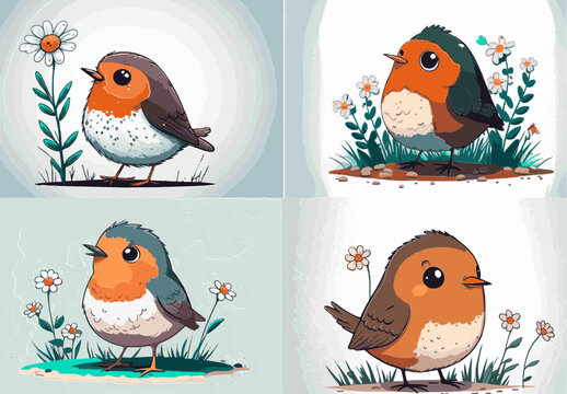 Rotkehlchen European Robin Vektor Cute Happy Bird Sketch Comic Cartoon Birdie Singvogel Gefiedert Freunde Kinderbuch Illustration Gartenvogel