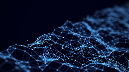 Digital wave with lines and dots. The futuristic abstract structure of network connection. Big data visualization. 3D rendering.