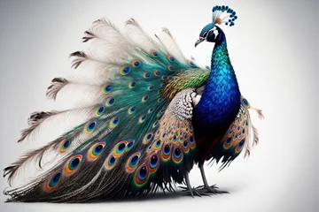 Fotobehang  a peacock with feathers spread out on a white background with a gray background and a white background with a blue. generative ai © Oleg