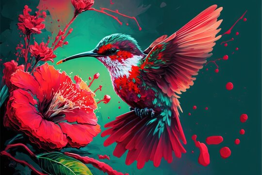  a painting of a hummingbird and flowers on a green background with red drops of paint on the wings. Generative AI