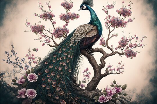  a peacock sitting on a tree branch with flowers in the background and a sky background with clouds in the background. Generative AI