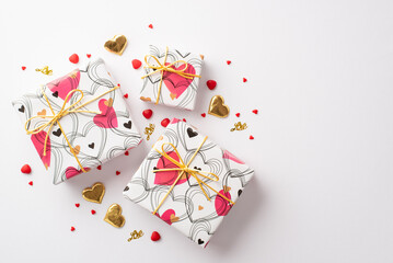 Valentine's Day concept. Top view photo of present boxes sprinkles and heart shaped golden confetti on isolated white background