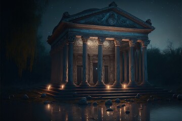 An ancient temple seen in a dark fantasy atmosphere. - obrazy, fototapety, plakaty