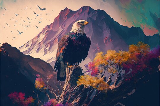  a painting of a bald eagle perched on a tree stump in front of a mountain range with birds flying overhead. Generative AI