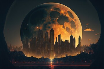  a futuristic city with a huge moon in the background and a red light at the end of the road. Generative AI