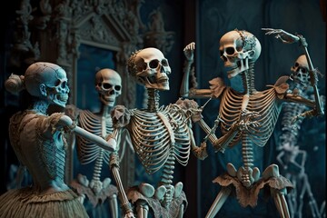  a group of skeletons dancing in a room with a mirror behind them and a skeleton statue in the foreground. Generative AI