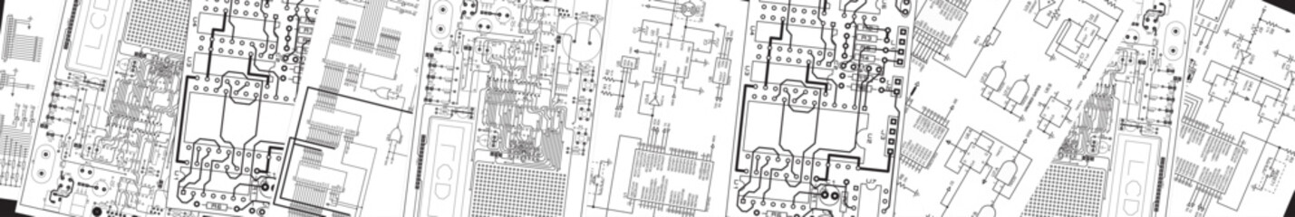 Drawings of an electronic device on white paper sheets. Vector electrical schematic diagram of an digital electronic device.