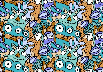 Naklejka premium Cartoon doodle monsters seamless aliens and animals pattern for wrapping paper and fabrics and kids clothes