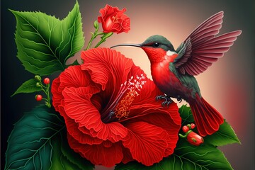  a hummingbird sitting on a flower with a green leafy branch in the background and a red flower in the foreground. Generative AI - obrazy, fototapety, plakaty