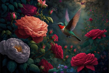  a painting of a hummingbird flying over a flower garden with roses and roses in the background and a dark sky. Generative AI - obrazy, fototapety, plakaty