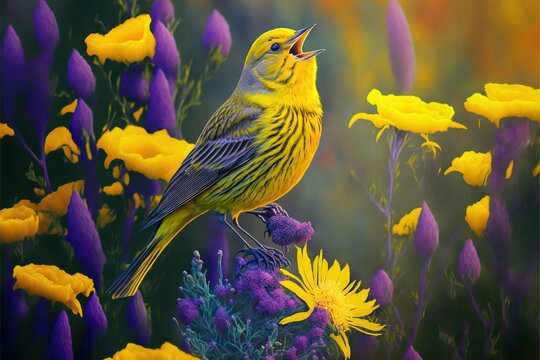  a yellow bird sitting on a purple flower in a field of yellow flowers with purple and yellow flowers in the background. Generative AI
