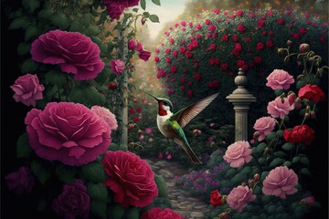  a painting of a hummingbird flying over a garden of flowers and roses with a lamp post in the background. Generative AI - obrazy, fototapety, plakaty