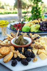 wine appetizers, wine serving plate, fruit, blackberry, cheese, fig jam, cherry tomatoes, grapes, walnuts, strawberries, cheddar, figs, baguette, oatcakes
