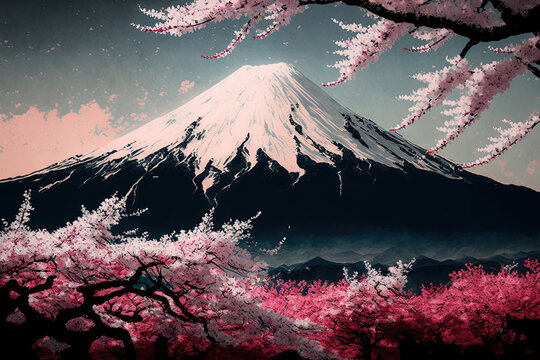 Shizuoka, Japan's cherry blossom season, with Fuji Mountain in the background. Generative AI
