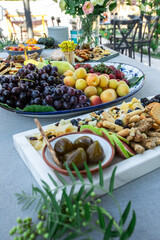 wine appetizers, wine serving plate, fruit, blackberry, cheese, fig jam, cherry tomatoes, grapes, walnuts, strawberries, cheddar, figs, baguette, oatcakes