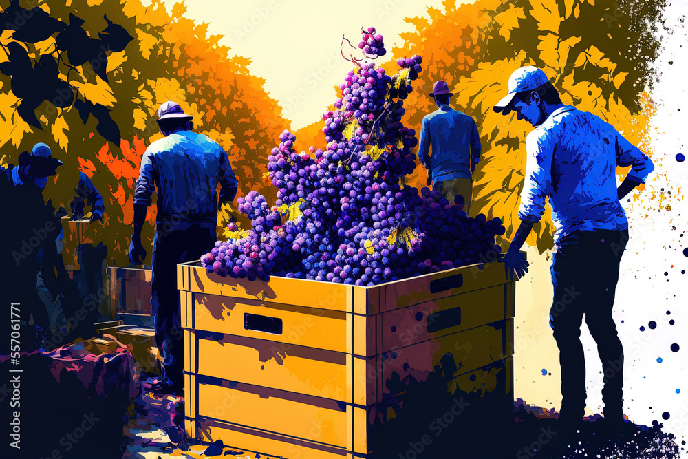 Canvas Prints In a box, harvested grapes from a vineyard. picking grapes by farmers. idea of creating wine. Generative AI