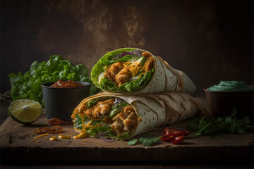 chicken wraps with vegetables and dips. Generative AI