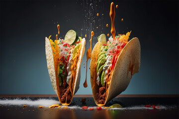 tacos with beef, vegetables and sauce. dark background. Generative AI