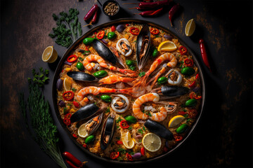 Seafood Paella with chilli. View from top. Generative AI