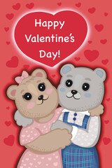 Cute bears Valentines day card, poster, banner, template, badge. Kawaii teddy bears with a red hearts on background in a simple cartoon style.