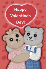 Cute bears Valentines day card, poster, banner, template, badge. Kawaii teddy bears with a red hearts on background in a simple cartoon vector style.