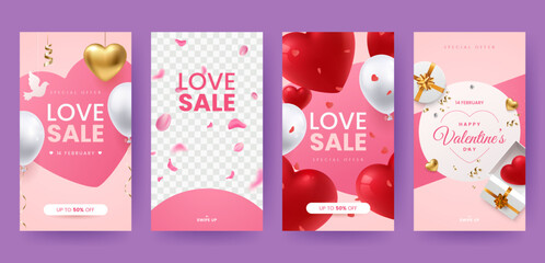 Valentine's Day social media stories template. Banners with romantic design, love symbols, balloons and place for text. Ideal for wedding, event invitation, discount voucher, promo. Vector eps 10