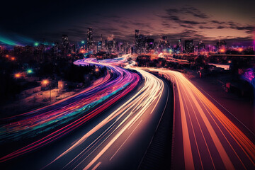 Fototapeta na wymiar City nighttime traffic leaves a vivid light trail behind it. Generative AI